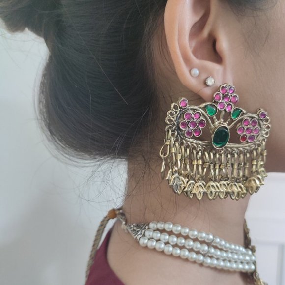 Afghan Three Flower Jewelry Set, Tribal Afghan Pearls Choker With Earrings - Picture 4 of 7